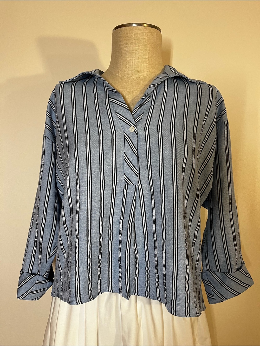 Light Blue Striped V-Neck Button-Front Blouse